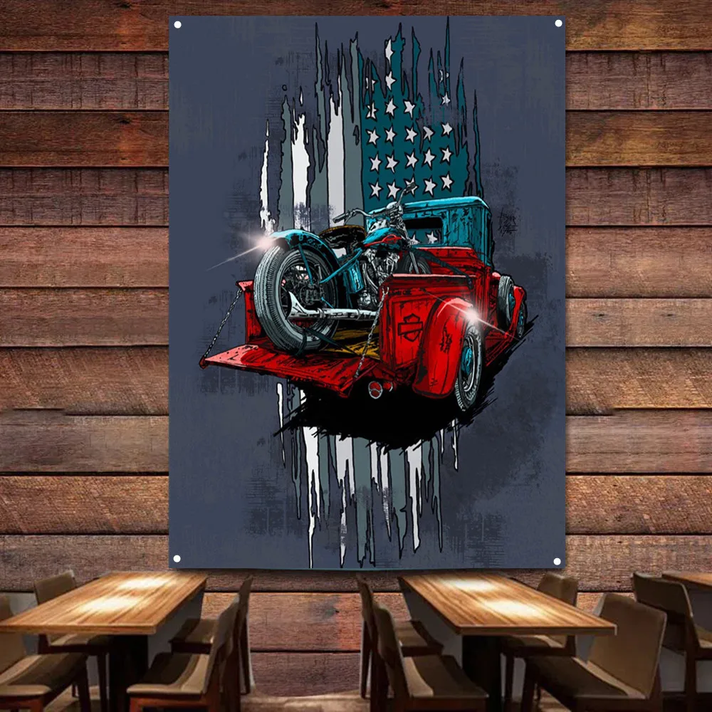 Motorcycle on Car Art Poster W - Auto Repair Shop Banners ulasan dan harga